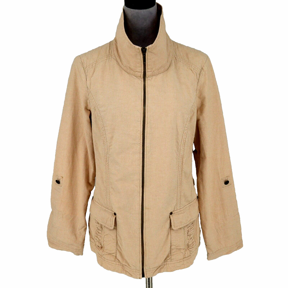 Coldwater Creek Jacket Womens 10 Beige Striped Cotton Full Zip Utility Gorpcore